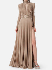 Long Sleeves Pleated Solid Color Split-Side V-Back High-Neck Evening Dresses Maxi Dresses