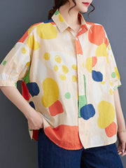 Contrast Color Polka-Dot High-Low Loose Lapel Blouses