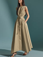 Belted Buttoned Pockets Solid Color A-Line High Waisted Round-Neck Maxi Dresses