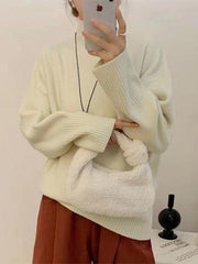 Solid Color Split-Joint Split-Side Long Sleeves Loose High Neck Sweater