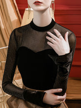 See-Through Split-Joint Velvet Long Sleeves Skinny Mock Neck T-Shirts Tops