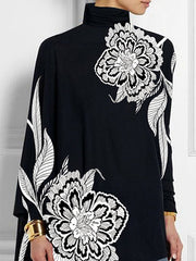 Asymmetric Floral Printed Split-Joint Batwing Sleeves Loose High Neck T-Shirts