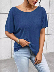 Backless Pleated Solid Color Split-Joint Batwing Sleeves Loose Round-Neck T-Shirts Tops