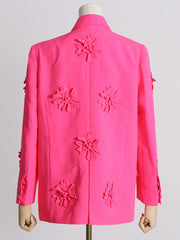 Flower-Embellished Solid Color Long Sleeves Lapel Outerwear Blazer