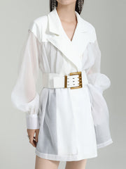 See-Through Split-Joint Tied Waist Loose Puff Sleeves Lapel Blouses&Shirts Tops