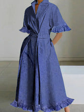 Buttoned Pockets Ruffle Trim Solid Color Split-Joint A-line Half Sleeves Stand Collar Midi Dresses