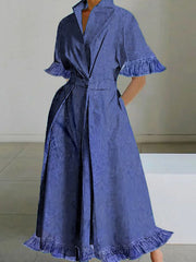 Buttoned Pockets Ruffle Trim Solid Color Split-Joint A-line Half Sleeves Stand Collar Midi Dresses