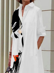 Long Sleeves Loose Buttoned Figure Printed Lapel Collar Midi Dresses