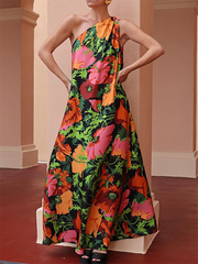 Contrast Color Flower Print Loose Sleeveless One-Shoulder Maxi Dresses