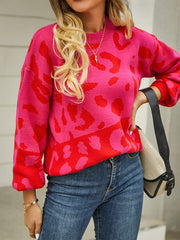 Leopard Split-Joint Long Sleeves Loose Round-Neck Sweater Tops Pullovers
