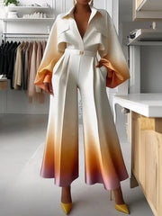 Loose Puff Sleeves Gradient Split-Joint Lapel Blouses&Shirts Tops