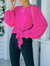 Elasticity Hollow Solid Color Tied Long Sleeves Loose Round-Neck T-Shirts Tops