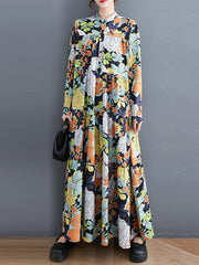 Long Sleeves Loose Floral Printed Round-Neck Midi Dresses