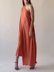 Loose Asymmetric Solid Color One-Shoulder Maxi Dresses