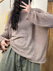 See-Through Solid Color Split-Joint Long Sleeves Loose Round-Neck T-Shirts Tops
