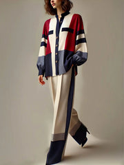 Buttoned Contrast Color Split-Joint Long Sleeves Loose Stand Collar Blouses&Shirts Tops