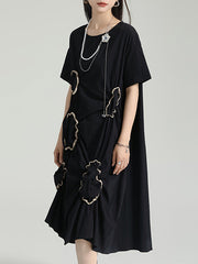 Pleated Pockets Split-Joint A-line High Waisted Round-neck Midi Dresses