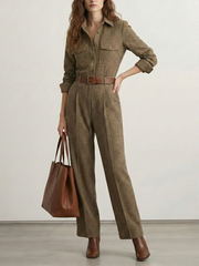 No Belt Plaid Pleated Pockets High Waisted Long Sleeves Lapel Jumpsuits