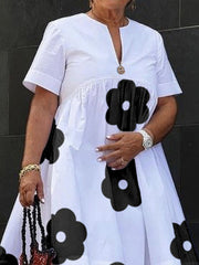 Flower Print Loose Short Sleeves V-Neck Midi Dresses