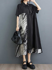 Asymmetric Buttoned Pockets Split-Joint A-Line Loose Lapel Shirt Dress Midi Dresses