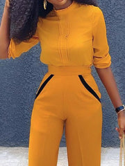 Solid Color Three-Quarter Sleeves Stand Collar T-Shirts Tops&Pants Bottoms Two Pieces Set