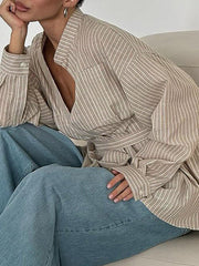 Pleated Split-Toe Striped Loose Puff Sleeves V-neck Blouses&shirts Tops
