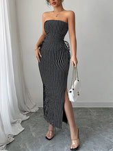 Contrast Color Sleeveless Striped Tube Top + Split-Side Drawstring Bodycon Skirts Bottom Two Pieces Set