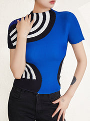 Contrast Color Printed Short Sleeves Mock Neck T-Shirts Tops