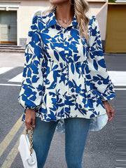 Contrast Color Leaves Print High-Low Loose Lapel Blouses&Shirts Tops