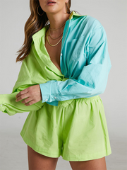 Original Loose Contrast Color Blouse&Elasticity Shorts 2 Pieces Set