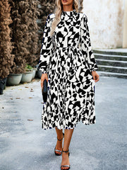 Pleated Printed Tied Waist Long Sleeves Loose Mock Neck Midi Dresses