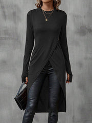 Solid Color Bodycon High-Low Round-Neck T-Shirts Tops
