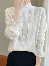 Elasticity Ruffle Trim Solid Color Long Sleeves Loose Mock Neck T-Shirts Tops
