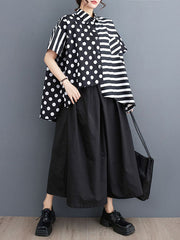 Buttoned Contrast Color Pockets Polka-Dot Split-Back Split-Joint Striped Loose Short Sleeves Lapel Blouses&Shirts Tops