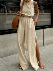 Loose Elasticity Solid Color Split-Joint Round-neck Vest + High Waisted Split-side Pants Two Pieces Set