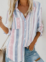 Buttoned Pockets Striped High-Low Long Sleeves Lapel Blouses&Shirts Tops