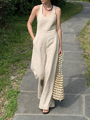 Solid Color Sleeveless Wide Leg Round-neck Jumpsuits