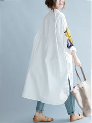 White Asymmetric Printed Split-Side Long Sleeves Shirt Dress