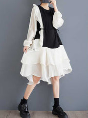 Contrast Color Ruffle Trim Split-Joint High-Low Long Sleeves Round-Neck Midi Dresses