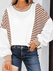 Contrast Color Striped Long Sleeves Loose Round-neck Sweatshirt Tops