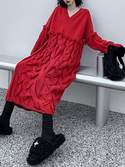 Solid Color Split-Joint Tasseled Long Sleeves Loose V-neck Sweater Dresses Midi Dresses