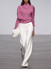 Long Sleeves Loose Geometric Printed Stand Collar T-Shirts Tops