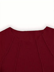 Pleated Solid Color Split-Joint Long Sleeves Skinny Round-Neck T-Shirts Tops