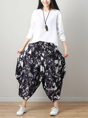 Artistic Retro Ramie Cotton Original Printed Elasticity Harem Pants