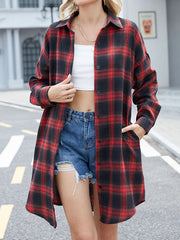 Buttoned Plaid Pockets Split-Joint Long Sleeves Loose Lapel Outerwear Blouses&shirts Tops
