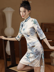 Original Half Sleeves Animal Printed Split-Side Stand Collar Short Cheongsams