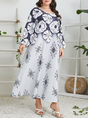 Contrast Color Flower Print Muslim Long Sleeves Loose Round-Neck Midi Dresses