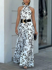 High Waisted Loose Contrast Color No Belt Tied Halter-Neck Jumpsuits