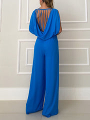 Backless Hollow Solid Color High-Low Wide Leg Round-Neck Jumpsuits Bottoms