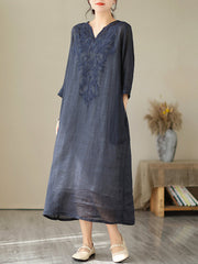 Embroidered Solid Color A-Line Loose V-Neck Midi Dresses